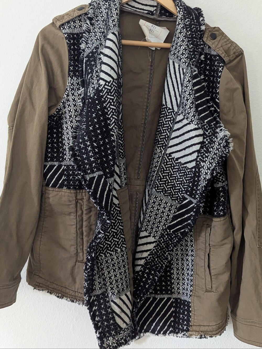 Olive Utility Jacket with Black & White Patterned Shawl Collar